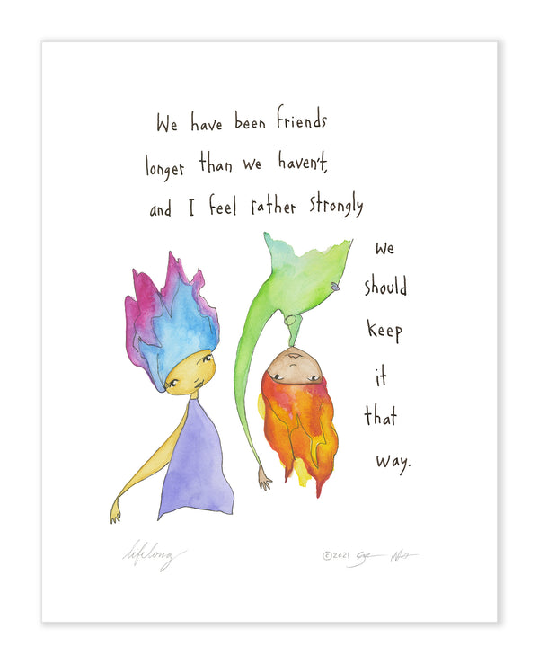 Watercolor art print showing two friends and a quote