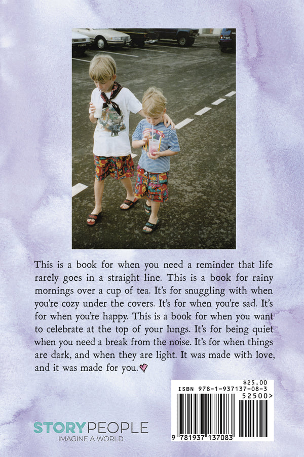 Back cover of the book All the Ways Home by Gabriel Andreas and Matthew Andreas. Featuring a central rectangular photo of the author and artist as young boys standing on a crosswalk, with a large block of descriptive text below and a barcode with the StoryPeople logo at the bottom.