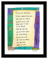 Framed artwork with a quote about future generations and destiny, featuring colorful borders.