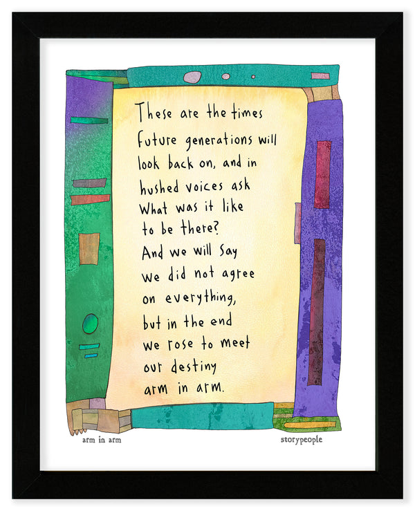 Framed artwork with a quote about future generations and destiny, featuring colorful borders.