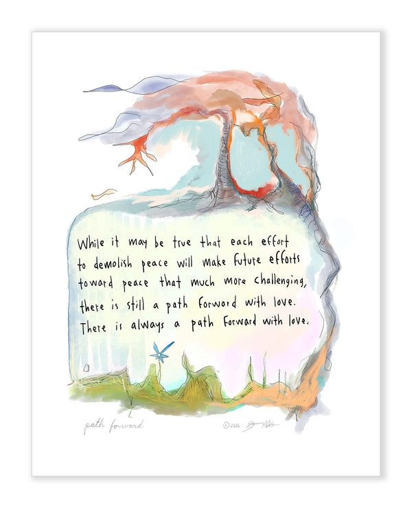 An art print featuring a watercolor illustration of a tree with a handwritten inspirational quote overlaid in the center. The artwork has soft washes of blue, orange, green, and pink on a white background, with the signature 'path forward'