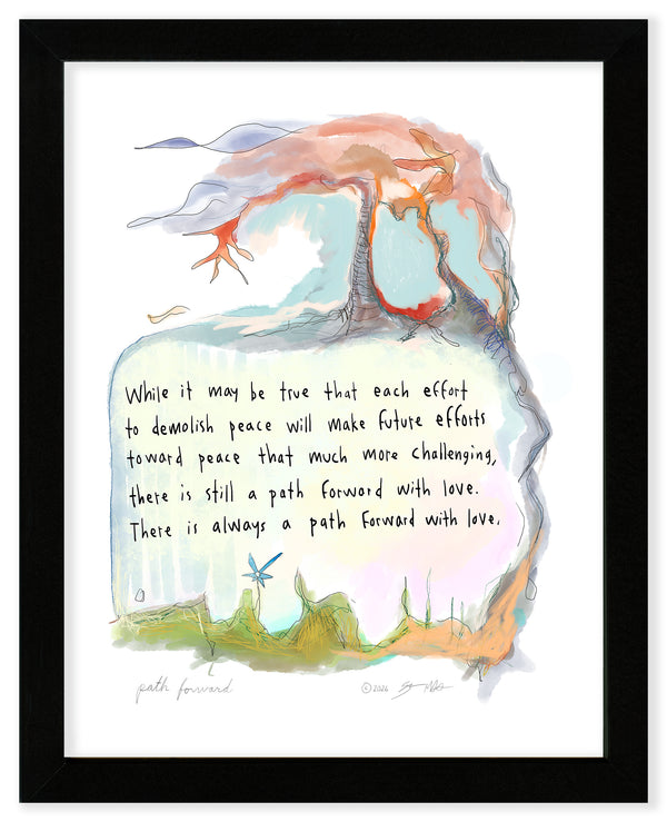 A framed art print featuring a colorful abstract painting of a tree with a handwritten quote in the center, set in a black frame with a white mat.