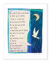 Artistic depiction of a poem with birds and a moon on a blue background