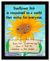 Sunflower with a face holding a sign, set against a blue sky with text about commitment to a inclusive world.