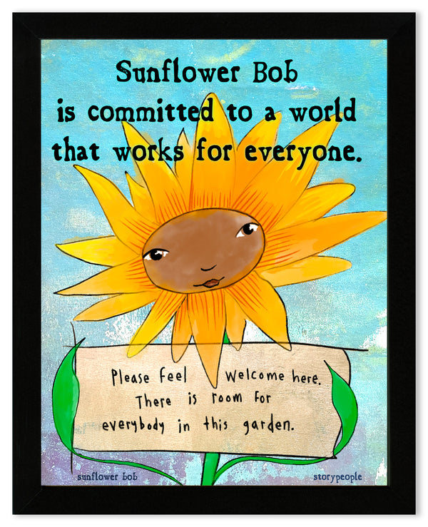 Sunflower with a face holding a sign, set against a blue sky with text about commitment to a inclusive world.