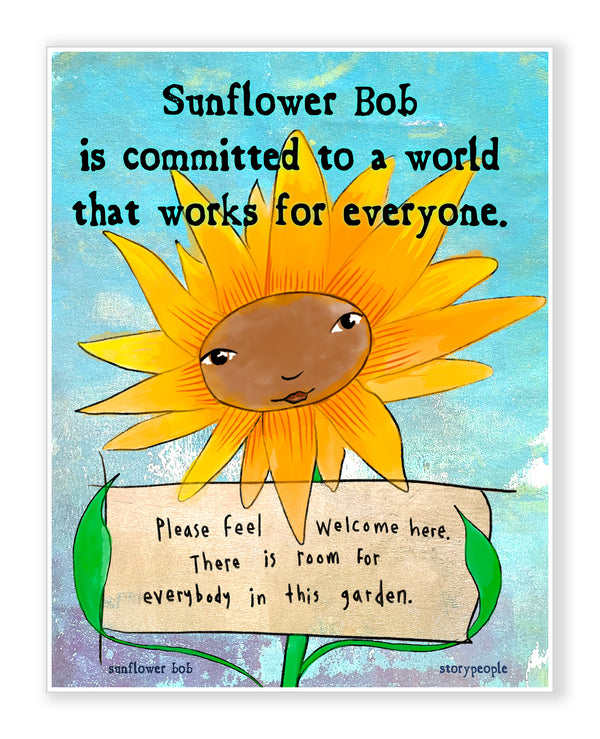 Sunflower character with a message about inclusivity on a blue background