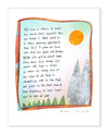 An art print featuring a hand-drawn, textured illustration of an open book with inspirational text, a yellow sun, and gray mountains on a white background.