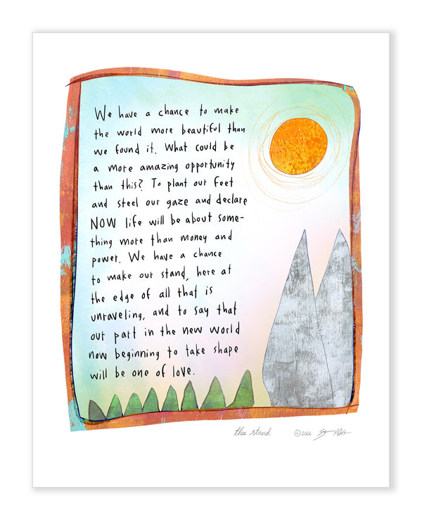 An art print featuring a hand-drawn, textured illustration of an open book with inspirational text, a yellow sun, and gray mountains on a white background.
