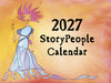 Cover of the 2027 StoryPeople Calendar featuring an illustration of a woman with pink hair and a flowing blue dress on a warm orange and yellow watercolor background.