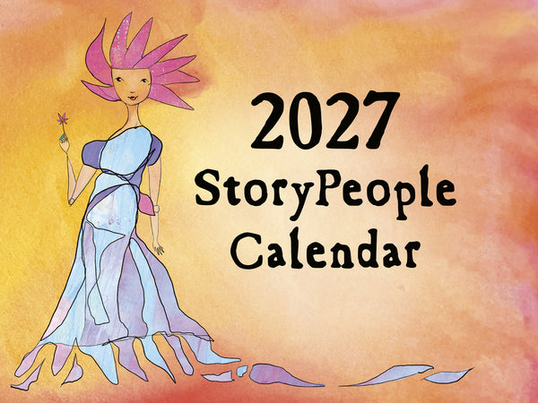 Cover of the 2027 StoryPeople Calendar featuring an illustration of a woman with pink hair and a flowing blue dress on a warm orange and yellow watercolor background.