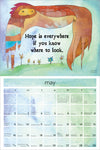 A monthly art print for May featuring a whimsical watercolor illustration of a lion with the quote 'Hope is everywhere if you know where to look.' above a pastel calendar grid for the month.