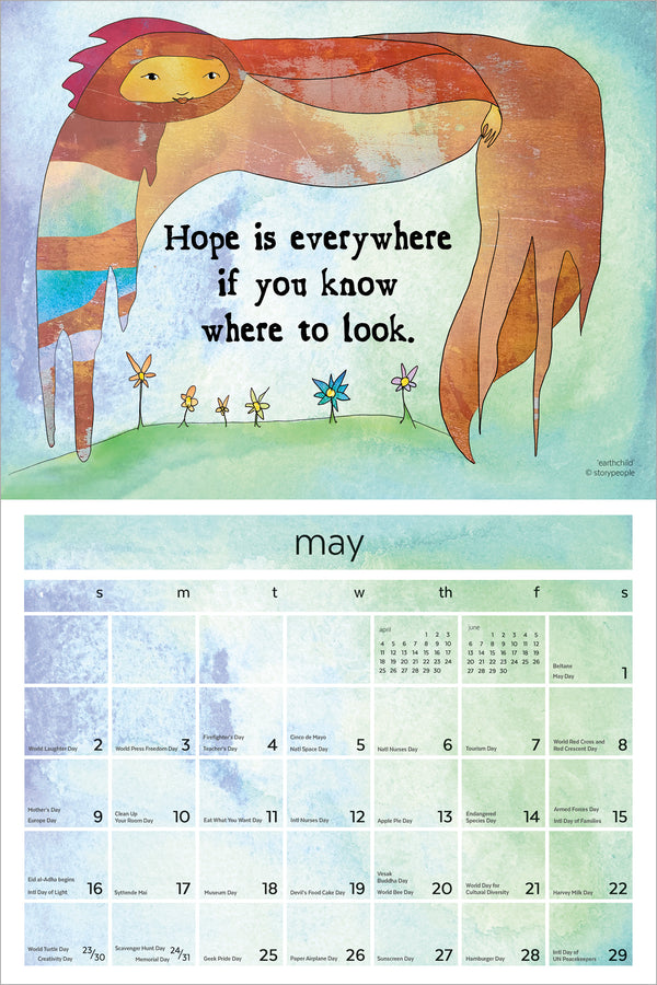 A monthly art print for May featuring a whimsical watercolor illustration of a lion with the quote 'Hope is everywhere if you know where to look.' above a pastel calendar grid for the month.