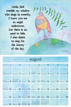 A pastel monthly calendar page for August with a whimsical bird illustration and a poem printed at the top, shown on a white background.