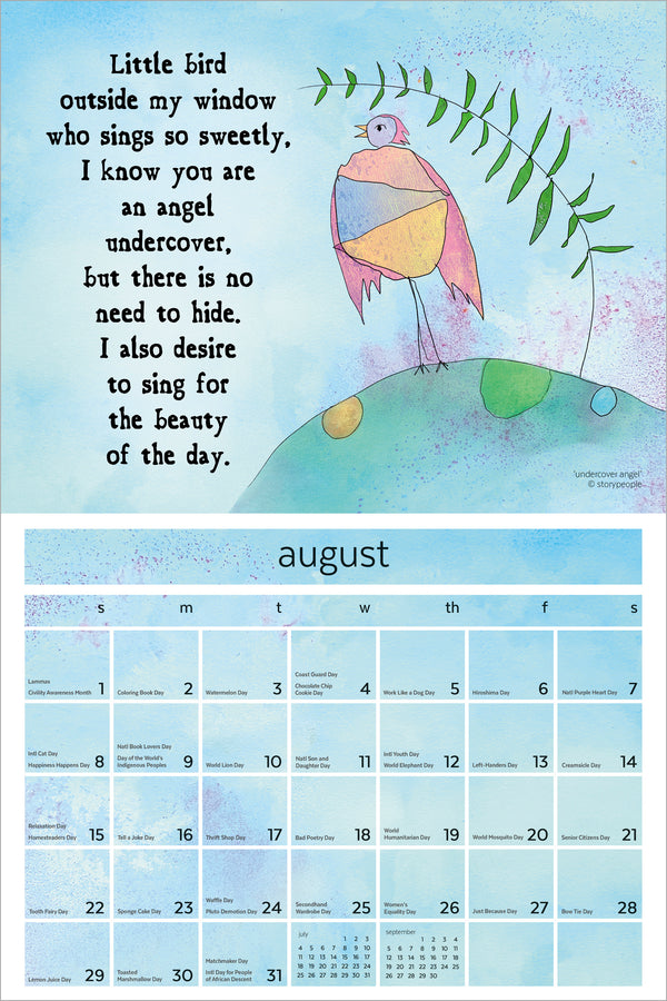 A pastel monthly calendar page for August with a whimsical bird illustration and a poem printed at the top, shown on a white background.