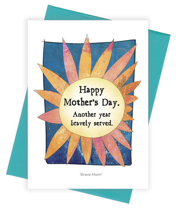 StoryPeople Brave Mom Mother's Day card with sun art on teal envlope.