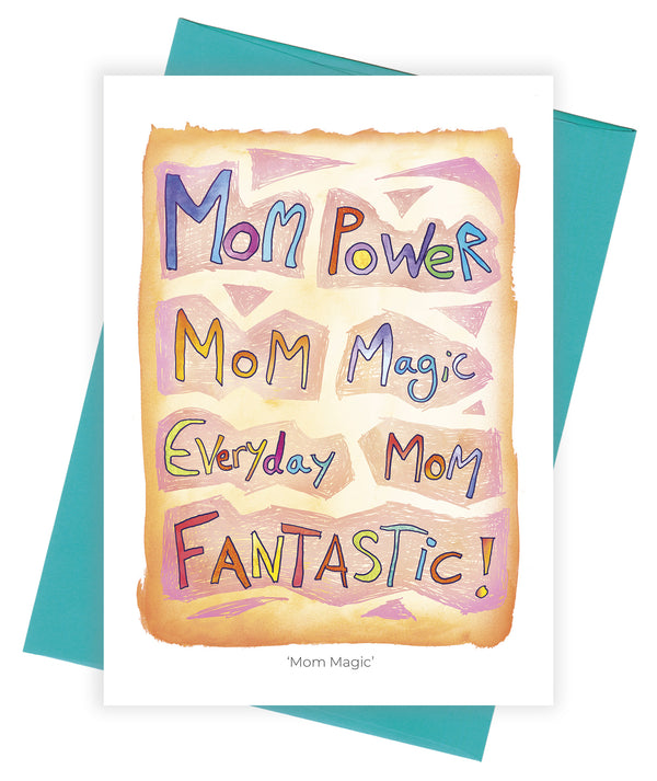 Card for Mother's Day with power, magic and fantastic on peach background.