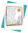 A greeting card featuring a hand-drawn illustration of an open book with inspirational text, a yellow sun, and gray mountains, shown on a white background. 