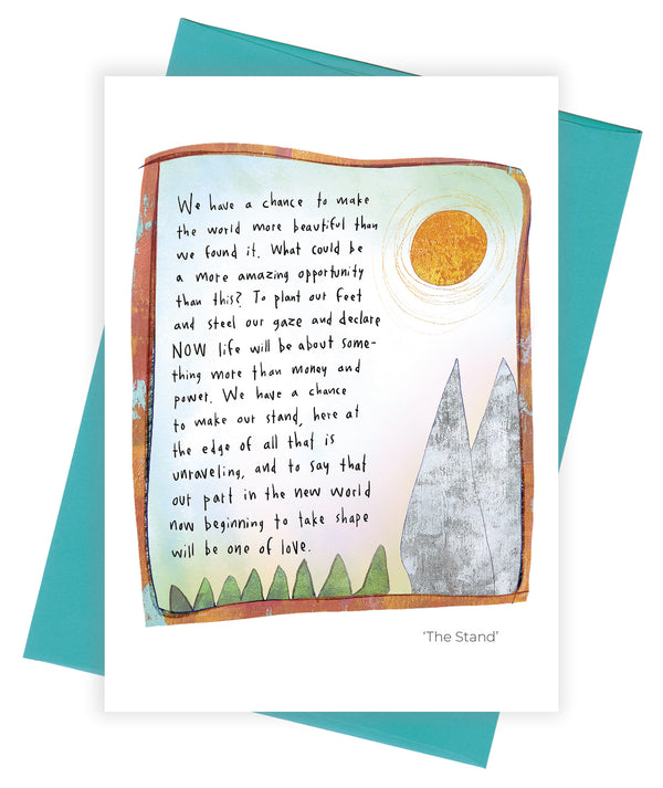 A greeting card featuring a hand-drawn illustration of an open book with inspirational text, a yellow sun, and gray mountains, shown on a white background. 