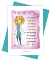 5x7 Greeting card with original art and text about mom on a pink background.