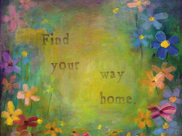 Pages from the book All the Ways Home. An expressive, colorful painting with the words 'Find your way home.' in muted brown lettering over a soft yellow-green center, surrounded by painted flowers in pink, blue, purple, orange, and yellow.