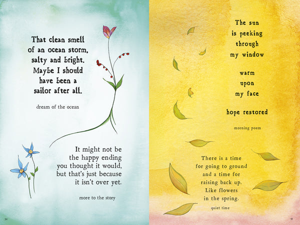 Pages from the book All the Ways Home. Two open book pages with printed poetry and small botanical illustrations. The left page has a pale aqua background with black text and drawings of pink and blue flowers.
