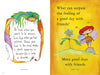 Pages from the book All the Ways Home. Two illustrated book pages with  text and watercolor-style drawings. The left page shows a colorful creature with green hair and orange arms, and the right page shows a bee character beside a blue flower on a yellow background.
