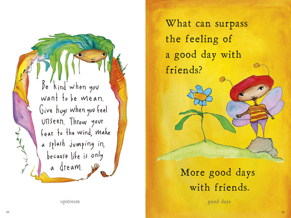 Pages from the book All the Ways Home. Two illustrated book pages with  text and watercolor-style drawings. The left page shows a colorful creature with green hair and orange arms, and the right page shows a bee character beside a blue flower on a yellow background.
